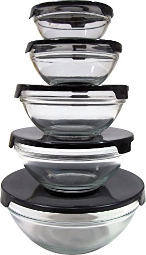 5 Piece Glass Bowls w/ Black Plastic Lids Case Pack 12